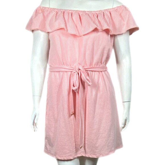 Michael Kors Pink Coral White Off-the-Shoulder Seersucker Stripe Mini Dress XL - Picture 1 of 16
